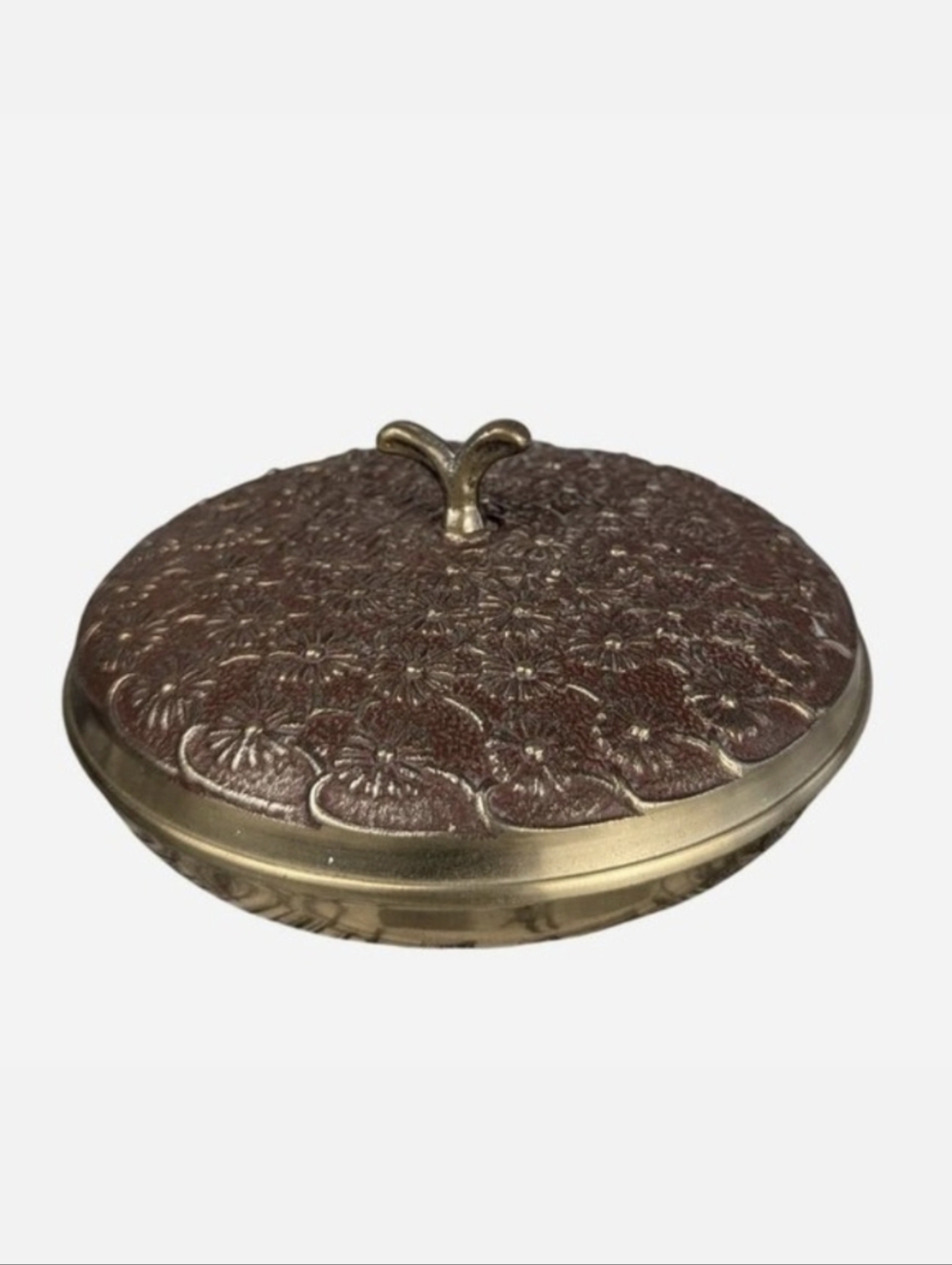Vintage 60s Brass Daisy Floral Embossed Round Trinket Box Lid Made in‎ Korea